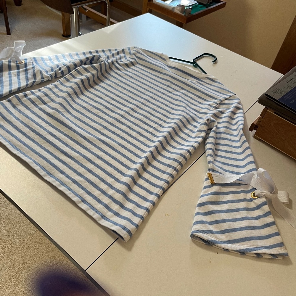 Lauren Ralph Lauren small light blue/white striped top with bell sleeve and ties